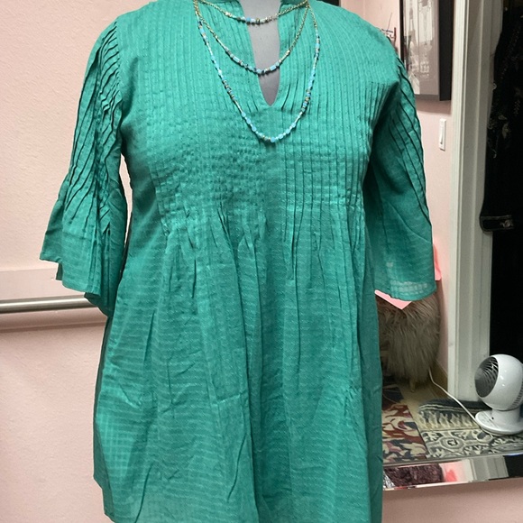 NWT Dolma‎ BRAND Green-blue Tunic short Dress micro Pleated detail- bell sleeves